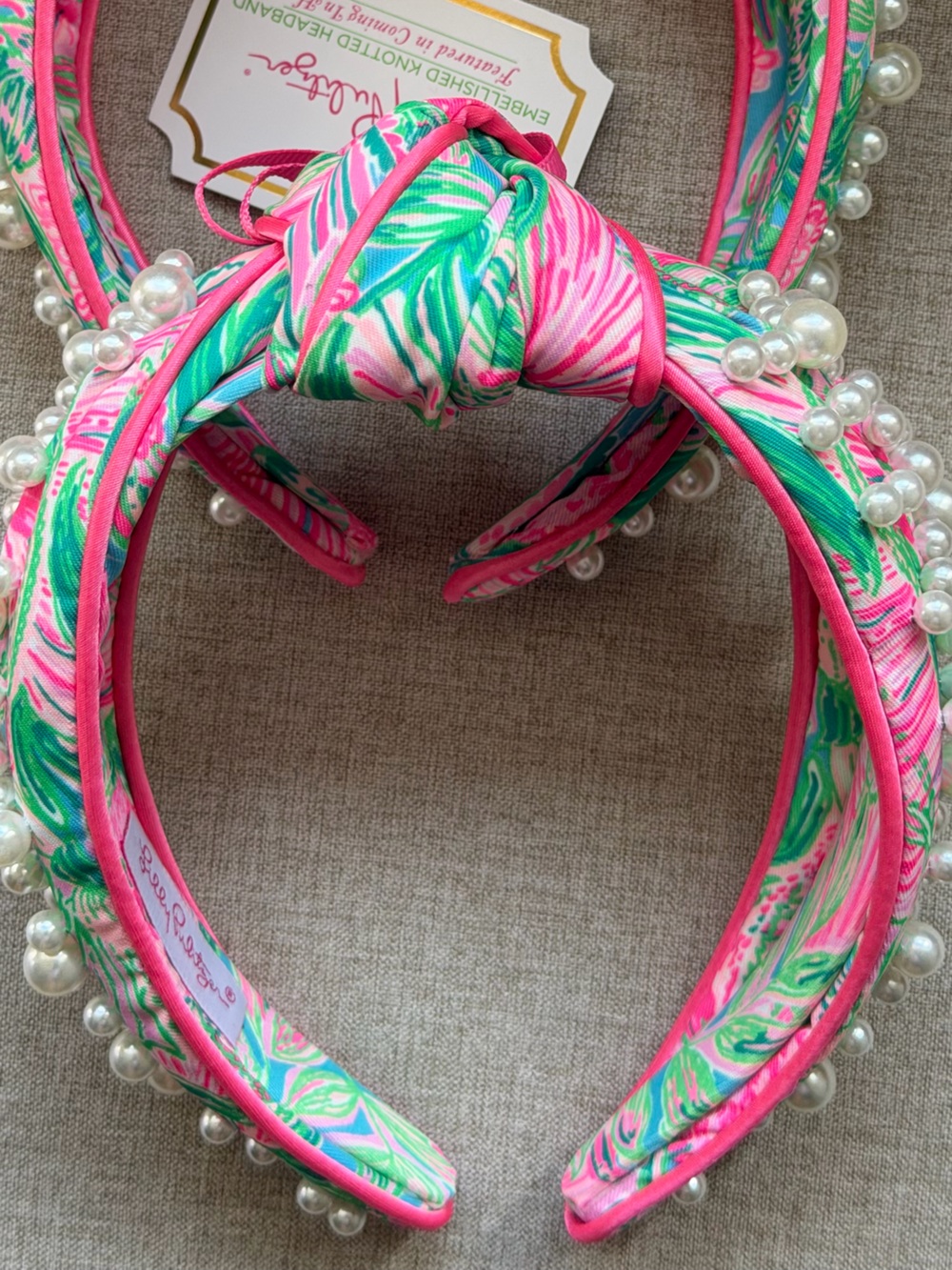Lilly Pulitzer Pearl-Stud Tropical Print Headband in Pink & Green